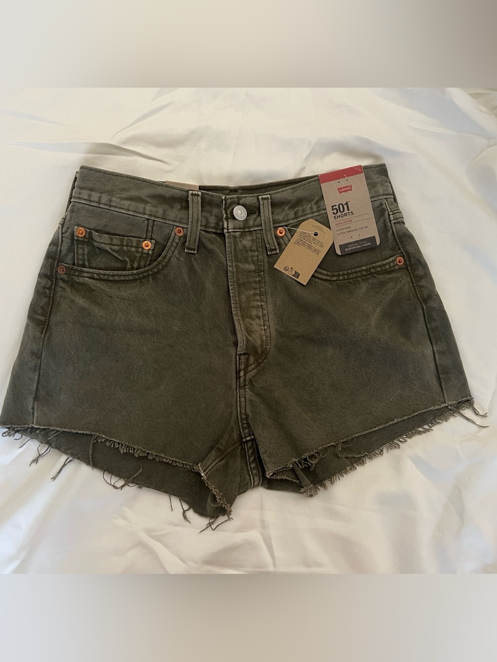 NWT Distressed Olive Levi’s 501 High-Rise Denim Shorts